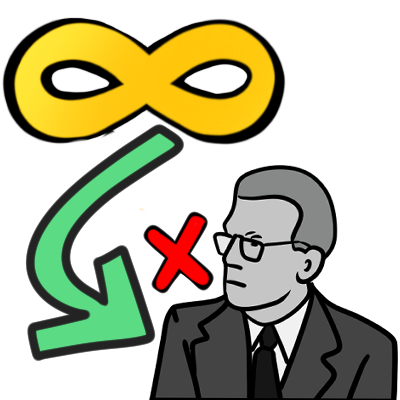 A green curved arrow pointing from a gold infinityy symbol to black and white drawing of  Hans Asperger with a red x net to it.